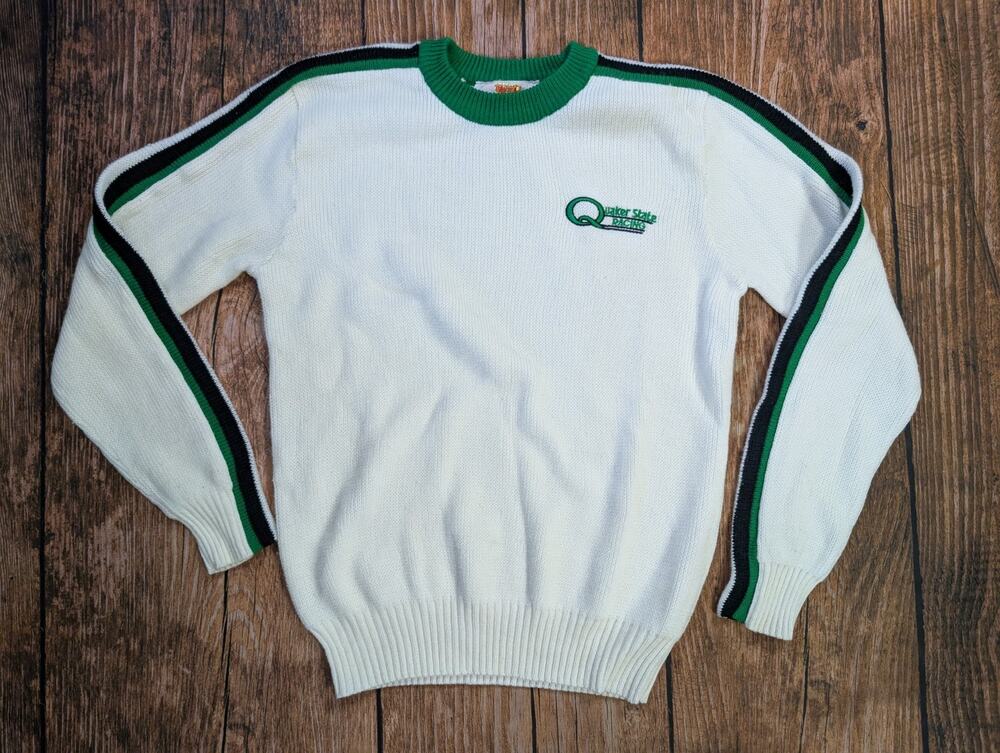 Vintage Quaker State Racing White Green Striped Sweater Size Medium King Sports